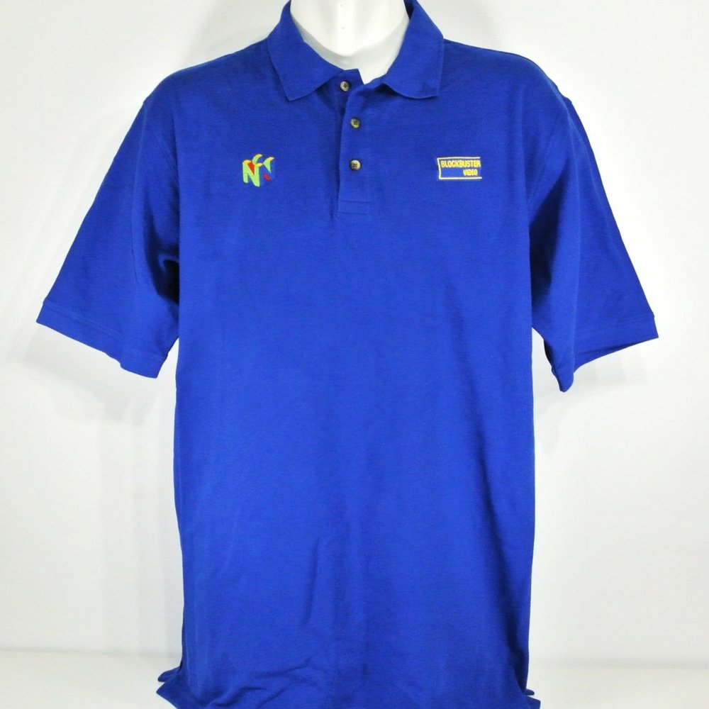 BLOCKBUSTER VIDEO Nintendo 64 Vintage Employee Uniform Polo Shirt Blue Size M